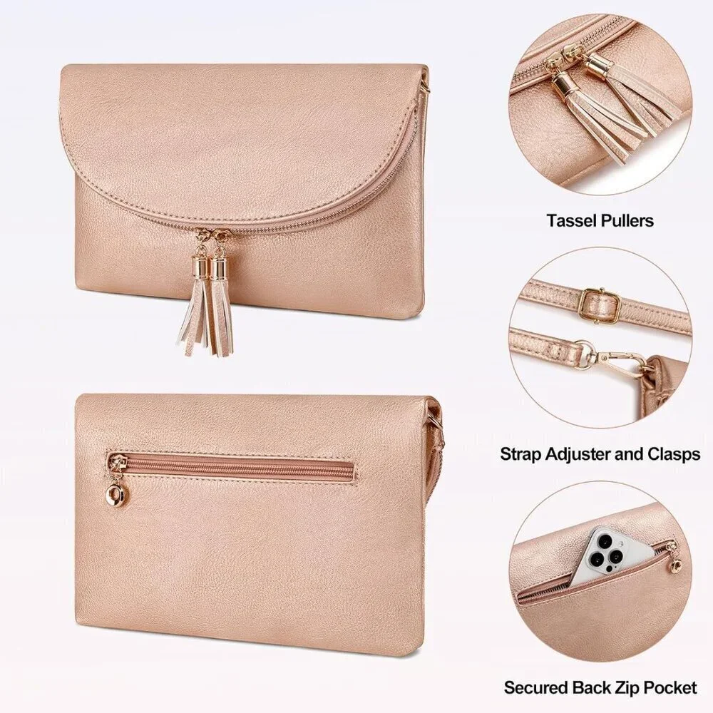 Women's Faux Leather Envelope Clutch Crossbody Bag with Multiple Compartments
